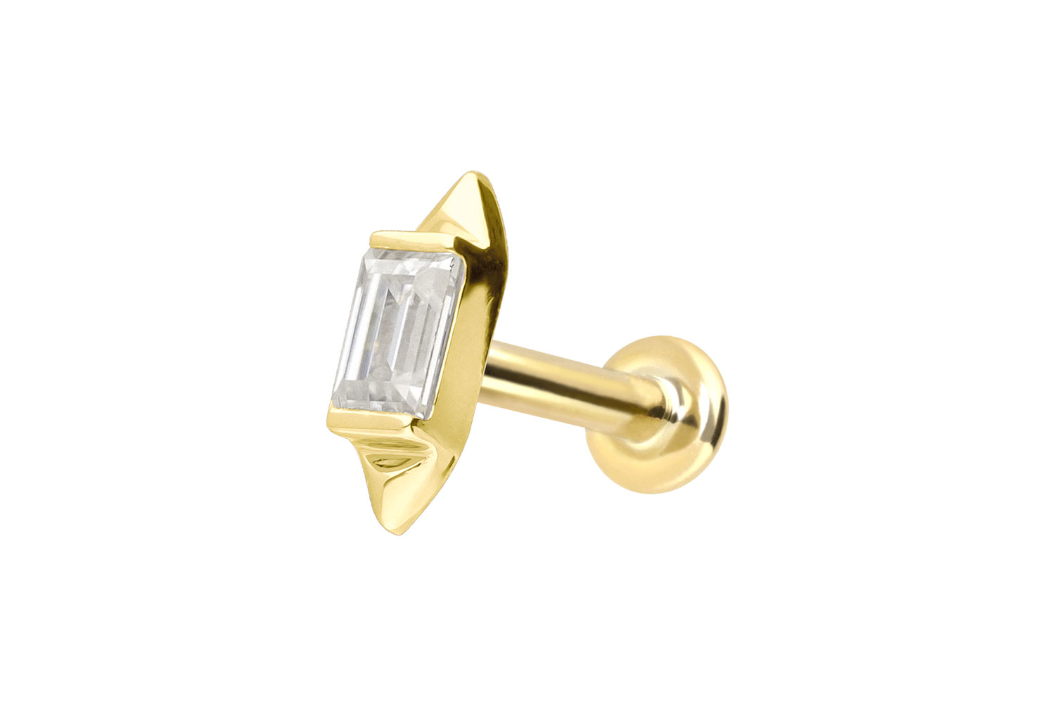 14 Karat Gold Labret Piercing mit Innengewinde MOISSANIT-RECHTECK + 2 SPITZEN